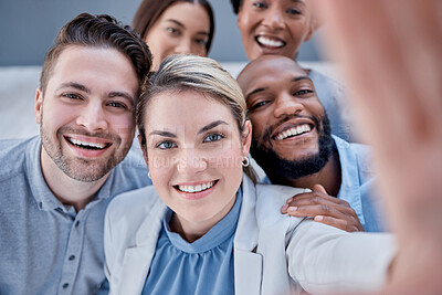 Buy stock photo Business, people and portrait selfie of happy teamwork, motivation and success of corporate workers. Diversity employees smile for photograph, global company and collaboration of happiness together