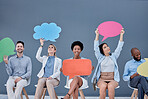 Contact, information and business people with a speech bubble for communication and opinion. Mockup, blank and portrait of employees showing a board for feedback, review and connection at work