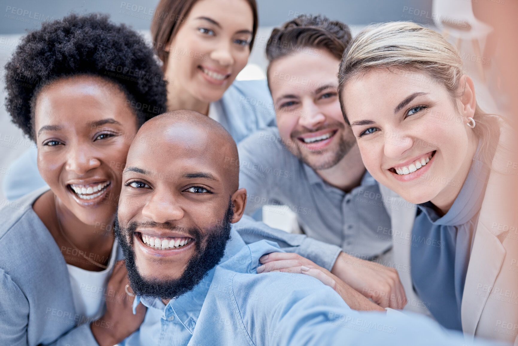 Buy stock photo Business, people and smile for portrait selfie, teamwork and motivation of corporate workers. Diversity group of happy employees take photograph in global company, collaboration or happiness together