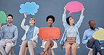 Social media, chat and business people with a speech bubble for communication and opinion. Mockup, blank and portrait of employees showing a board for feedback, review and connection at work