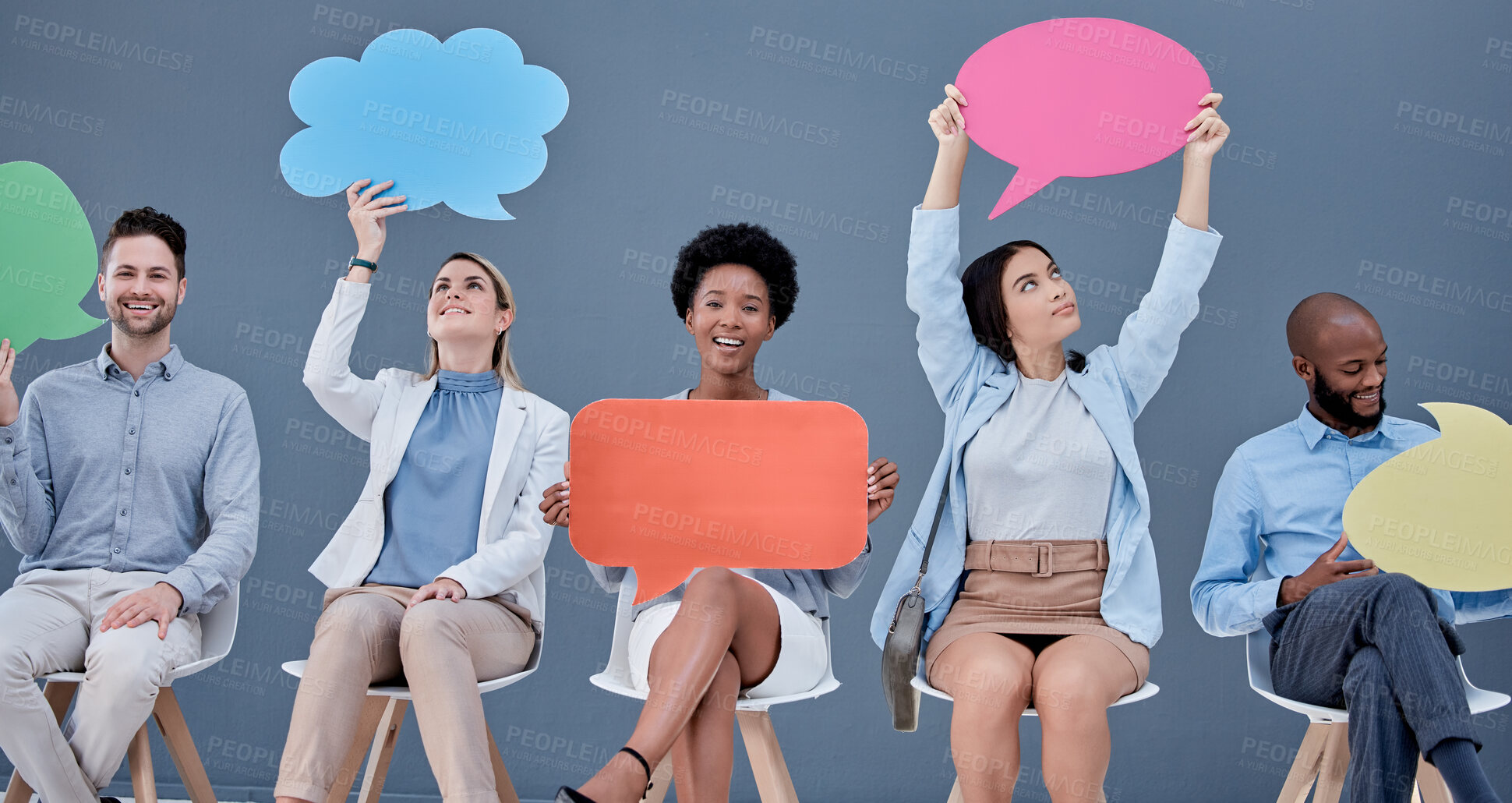 Buy stock photo Social media, chat and business people with a speech bubble for communication and opinion. Mockup, blank and portrait of employees showing an information board for feedback, review and voice at work