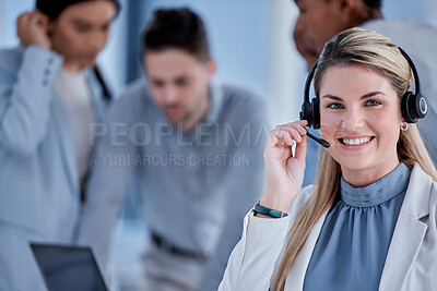 Buy stock photo Happy, smile and call center with portrait of woman in office for customer service, technical support and advice. Operator, sales and telemarketing with agent and headset for help desk and assistant