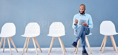 Buy stock photo Tablet, waiting room and black man sitting for job search opportunity, career application or Human Resources. Professional person or worker alone with online technology for hr recruitment or hiring