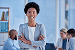 Business, leadership and portrait of black woman CEO, happy in office with smile and arms crossed. Corporate leader, management and confident businesswoman boss or African manager at digital startup.