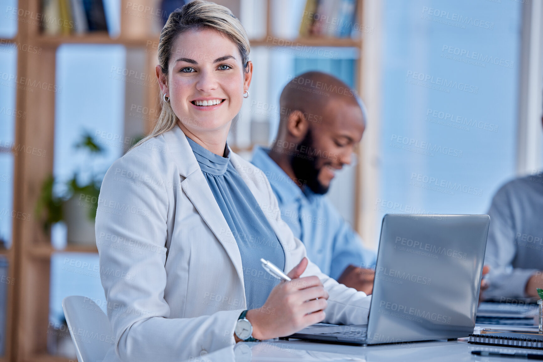 Buy stock photo Business woman, portrait and laptop in boardroom meeting, startup and agency for planning, research and data. Happy female worker, computer technology and website connection for management in office