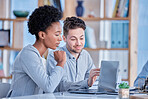 Business, people and discussion on laptop for planning, research and collaboration at office desk. Black woman, man and computer technology with diversity team in agency, strategy and online project 