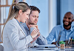 Video call, business people and talking on laptop for seminar, digital webinar and online project. Woman manager discussion computer for virtual meeting, conference and consulting with office team 