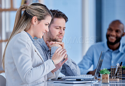 Buy stock photo Video call, business people and talking on laptop for seminar, digital webinar and online project. Woman manager discussion computer for virtual meeting, conference and consulting with office team 