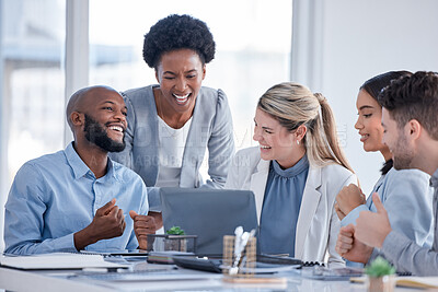 Laughing, planning and business people with a laptop in a meeting with a  meme, video or joke. Teamwork, funny and diversity with employees reading a  comic email on technology for joy and