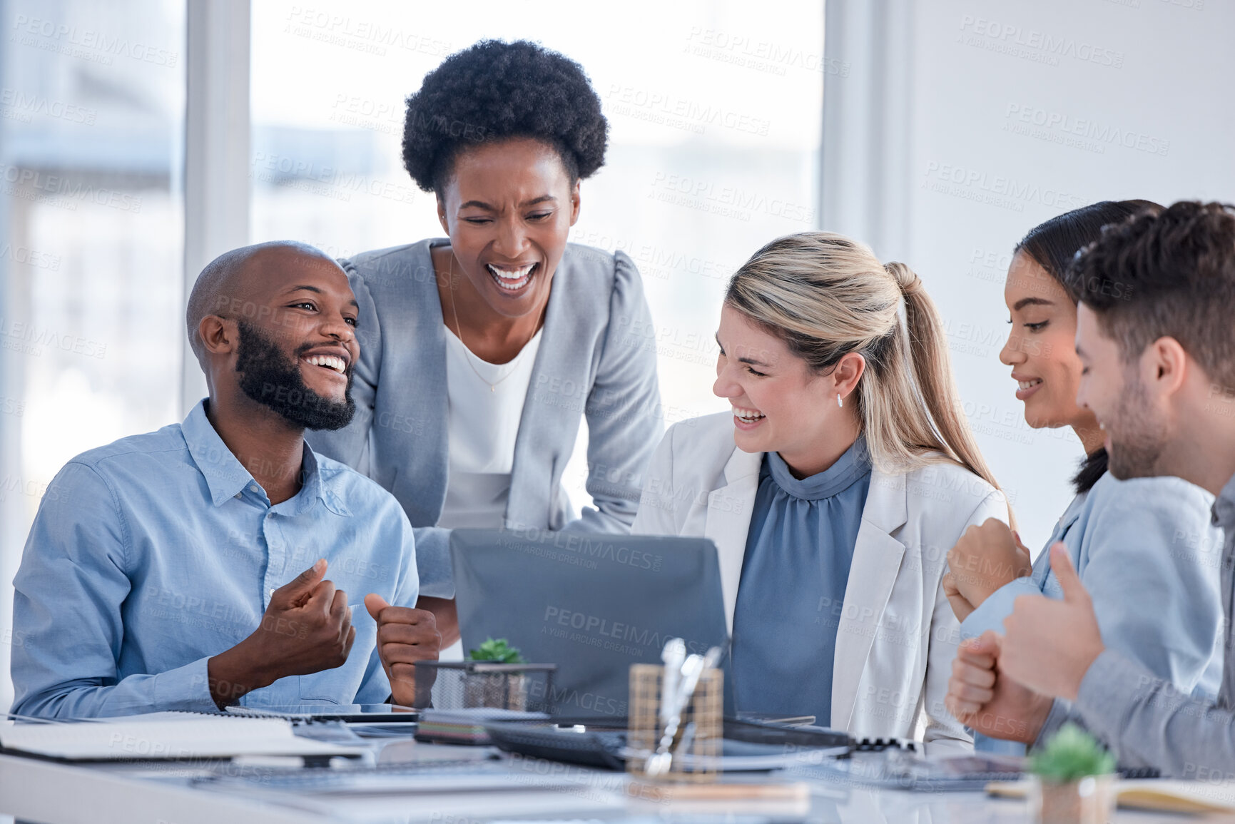 Buy stock photo Laughing, planning and business people with a laptop in a meeting with a meme, video or joke. Teamwork, funny and diversity with employees reading a comic email on technology for joy and happiness