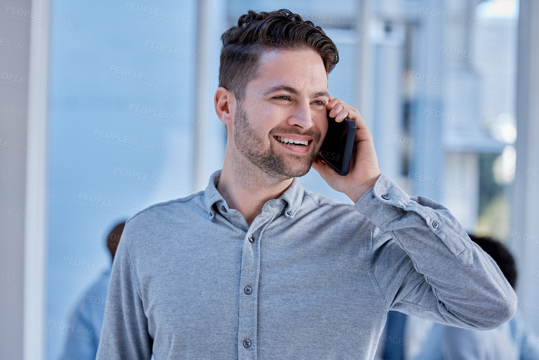 Buy stock photo Smartphone communication, business and man in office for professional discussion, mobile networking or hello. Happy male worker talking on phone call for contact, consulting and smile of conversation