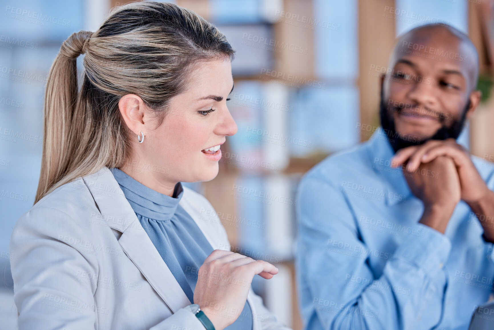 Buy stock photo Business woman, discussion and talking in office for team presentation, boardroom meeting and project feedback. Female manager in conversation with employees for collaboration, coaching or management