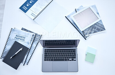 Buy stock photo Laptop, document and tablet screen mockup above on table for business schedule, planning or design at office. Top view of computer, books and diary of tools or equipment for project plan or marketing