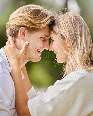 Buy stock photo Love, smile and couple with face together for happy, quality time and bond on weekend, vacation and holiday. Dating, engagement and young man and woman calm, relaxing and romantic embrace in park