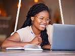 Happy, class and black woman doing elearning on a laptop, studying and learning with notes. Education, smile and African home student doing online work, homework and preparing for an exam on a pc