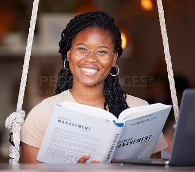 Buy stock photo Reading book, portrait and black woman with online education, remote e learning and happy studying. African student or young person with business management knowledge, textbook and course information