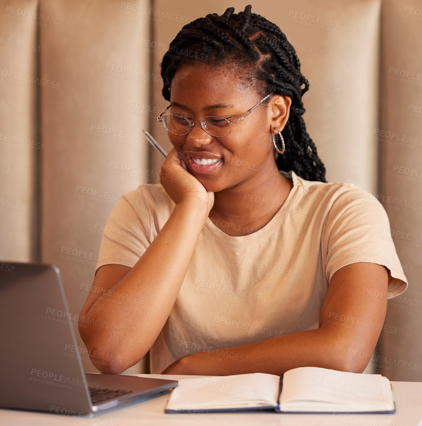 Buy stock photo Laptop, studying student or black woman reading college email, university application or remote online education. Planning, e learning and gen z person on computer at restaurant for internet research