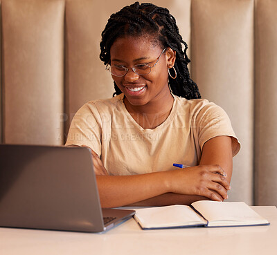 Buy stock photo Laptop, studying black woman or student reading college email, university application or remote online education. Planning, e learning and gen z person on computer at restaurant for internet research