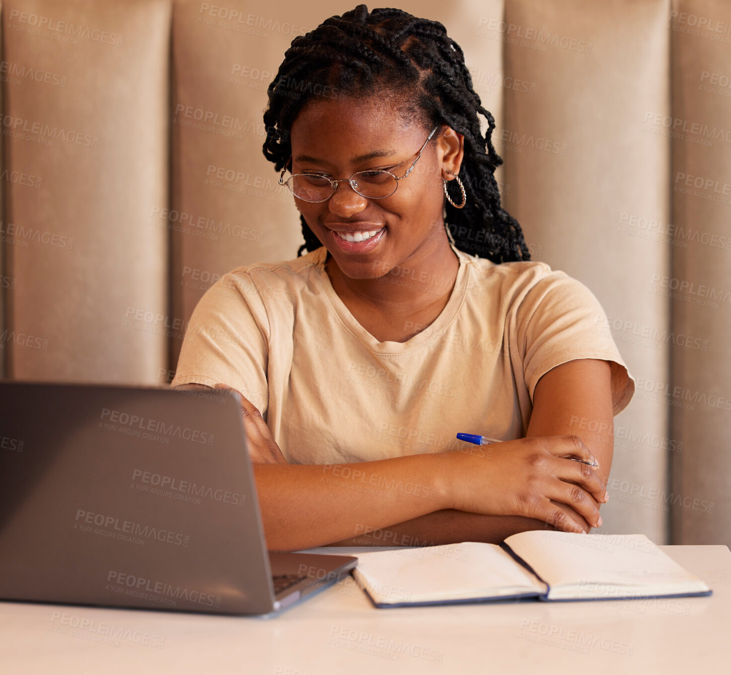 Buy stock photo Laptop, studying black woman or student reading college email, university application or remote online education. Planning, e learning and gen z person on computer at restaurant for internet research
