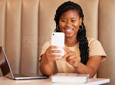 Buy stock photo Selfie, study and black woman with education update for social media, influencer blog or network app at restaurant. Happy online student or young person with profile picture for remote learning break
