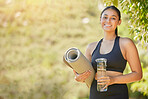 Portrait, yoga and woman with water, mat and wellness, exercise and zen in nature, happy and smile. Face, pilates and girl in countryside for mental health, zen and cardio, meditation and workout