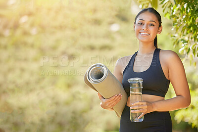 Buy stock photo Portrait, yoga and woman with water, mat and wellness, exercise and zen in nature, happy and smile. Face, pilates and girl in countryside for mental health, zen with meditation mockup and workout