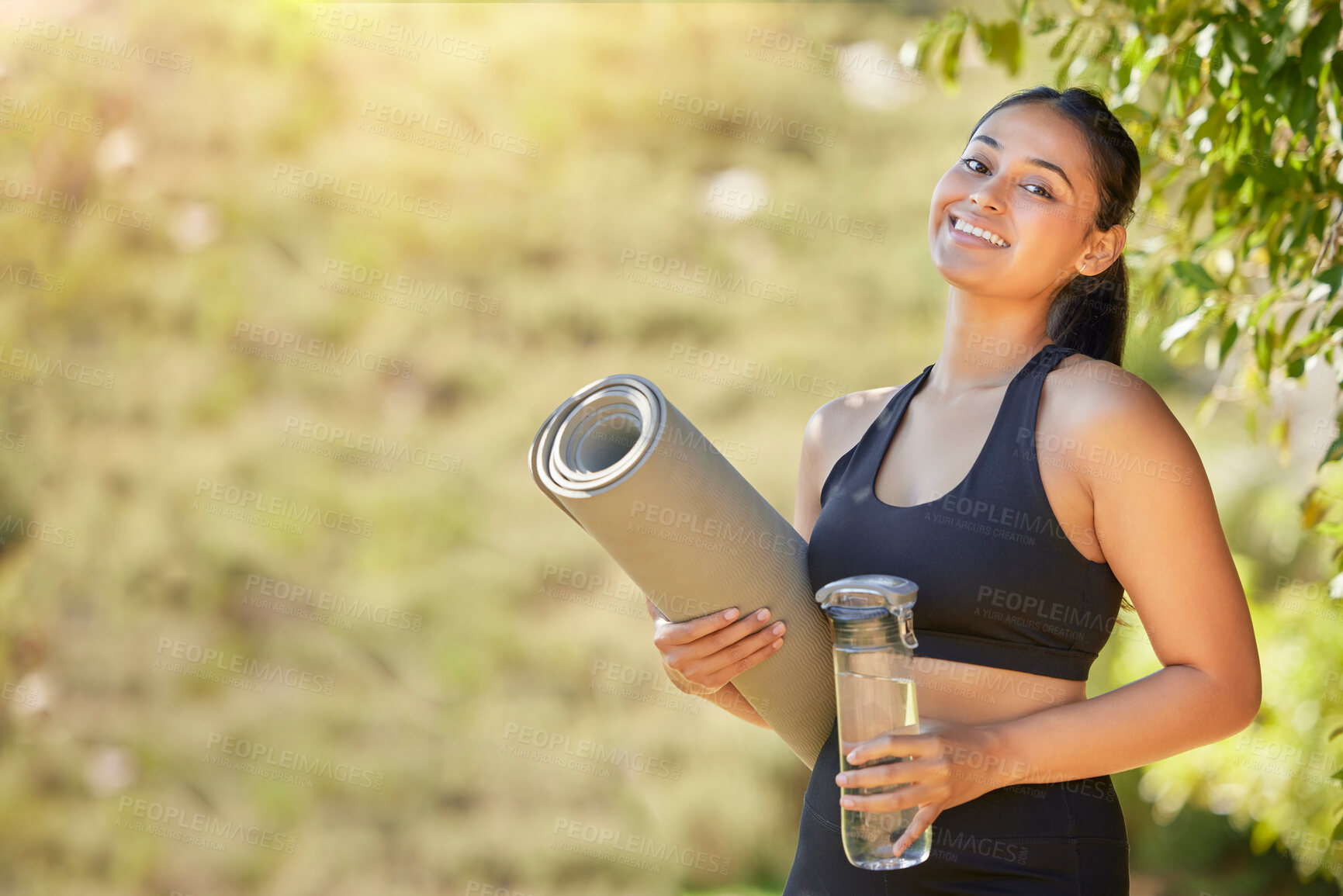 Buy stock photo Yoga, woman and portrait with water, mat and wellness, exercise and zen in nature with mockup. Face, pilates and happy girl in countryside for mental health, zen and cardio, meditation and workout