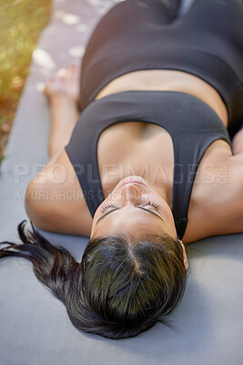 Buy stock photo Sleeping, fitness and woman doing yoga in nature for wellness, mindfulness and faith. Relax, peace and girl doing a meditation exercise for stress relief, health and spiritual training in a garden