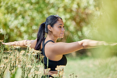 Buy stock photo Balance, stretching and yoga by woman in nature for wellness, training and warrior on blurred background. Arm, stretch and girl relax in pilates, mediation and exercise in countryside, zen and peace