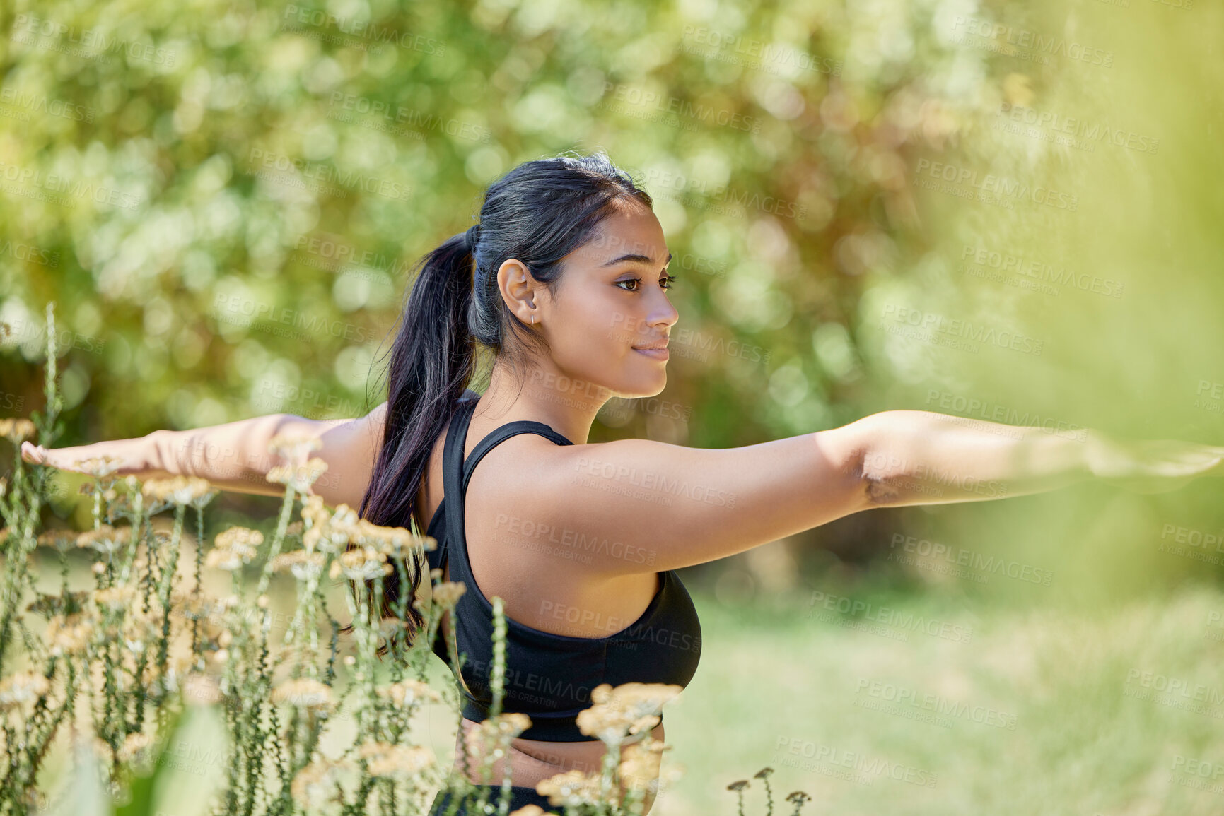 Buy stock photo Balance, stretching and yoga by woman in nature for wellness, training and warrior on blurred background. Arm, stretch and girl relax in pilates, mediation and exercise in countryside, zen and peace