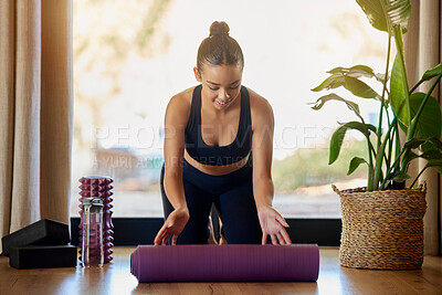 Buy stock photo Exercise, preparation and woman with a yoga mat for fitness, cardio and training in her home. Pilates, start and girl happy for wellness, meditation and healthy lifestyle workout in her living room