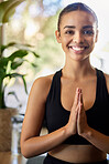 Yoga black woman, lotus portrait and smile with peace, mindfulness training and morning exercise in gym. Happy gen z girl, zen workout and happiness for development, goals and mindset for wellness