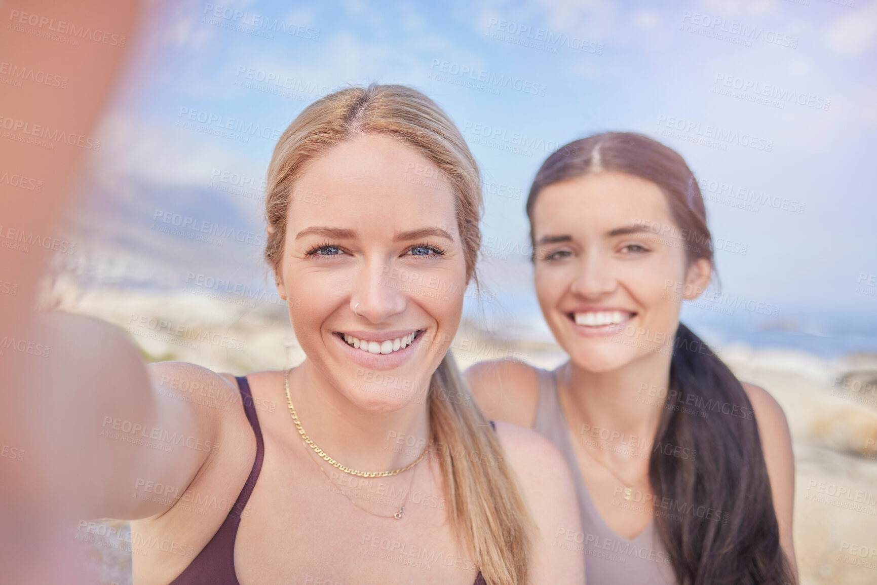 Buy stock photo Selfie, fitness and portrait of women in nature for fitness, training and bonding after a workout. Happy, together and friends taking a photo for cardio memory, quality time and hiking in Norway