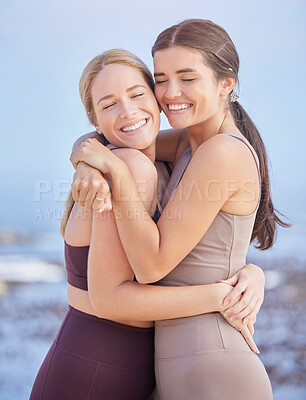 Buy stock photo Hug, happy and women in nature for fitness, workout bonding and exercise together in Bali. Happiness, support and friends hugging with affection after training, sports or running at the beach