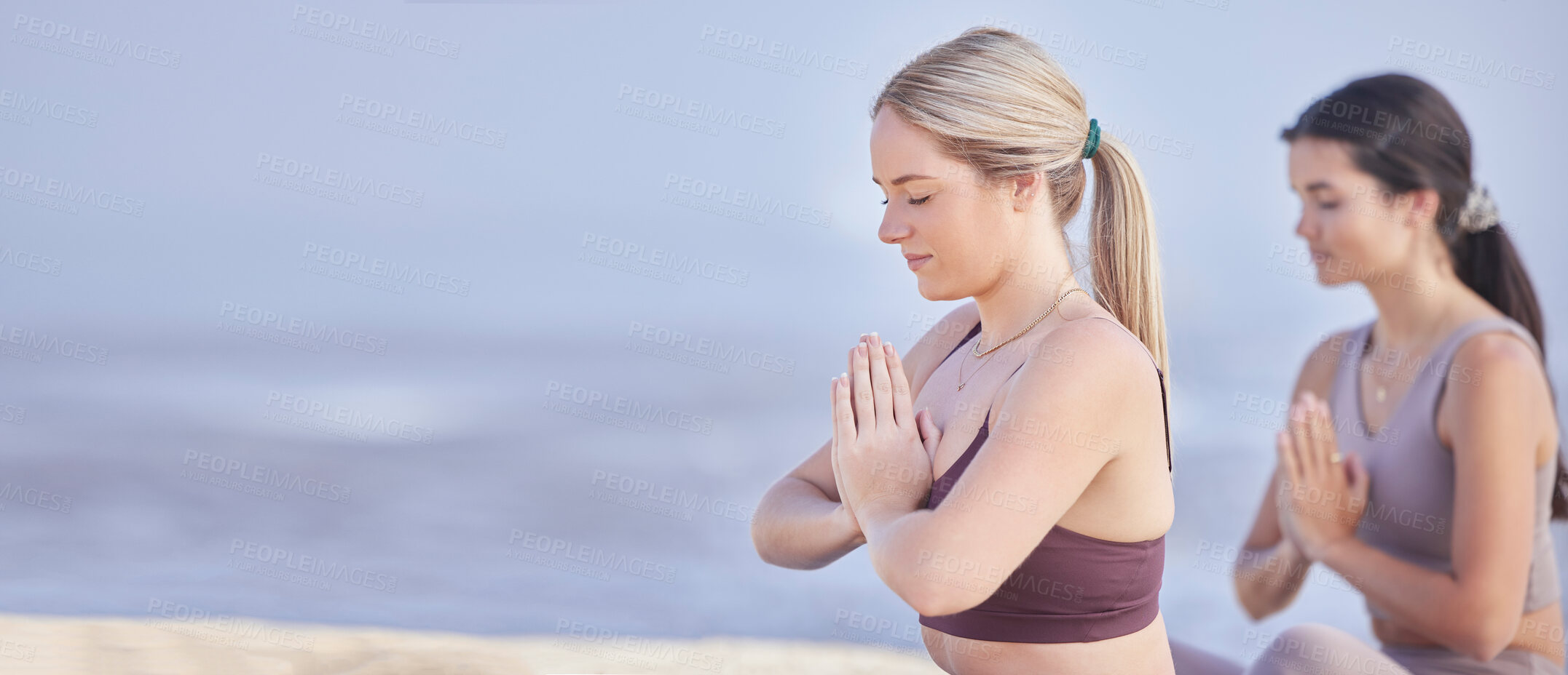 Buy stock photo Yoga meditation, outdoor and women with space for fitness exercise, peace and wellness. Friends at beach for prayer workout, training and energy for mental health, chakra and zen mock up in nature