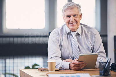 Buy stock photo Senior, business man and tablet in portrait with smile, analysis and planning at desk for schedule. Elderly businessman, fintech and mobile touchscreen for email, market strategy or contact on web