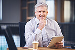 Elderly, business man and tablet in portrait with smile, analysis and planning at desk for networking. Senior stock broker, fintech and mobile touchscreen for vision, market strategy or email on web