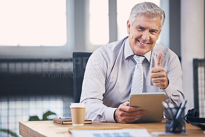 Buy stock photo Senior, business man and tablet with thumbs up portrait, analysis and planning at desk for schedule. Elderly stock broker, fintech and mobile touchscreen for email, market strategy or contact for ceo