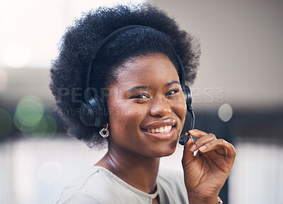 Buy stock photo Portrait, call center and support with a black woman consultant working in her telesales office. Contact us, customer service and telemarketing with a female employee consulting using a headset