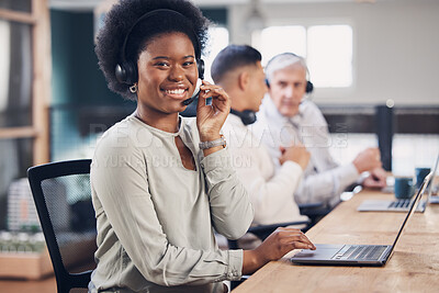 Buy stock photo Portrait, customer service and laptop with a black woman consultant working in her telesales office. Contact us, support and call center with a happy female employee consulting using a headset