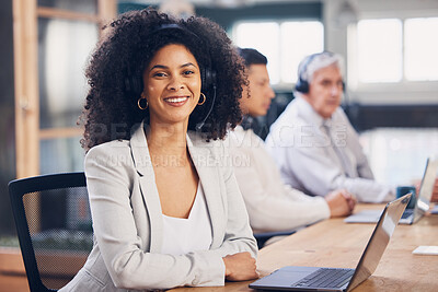 Buy stock photo Portrait, laptop and customer service with a black woman consulting in her telesales office for work. Contact us, support and call center with a female employee or consultant using a headset