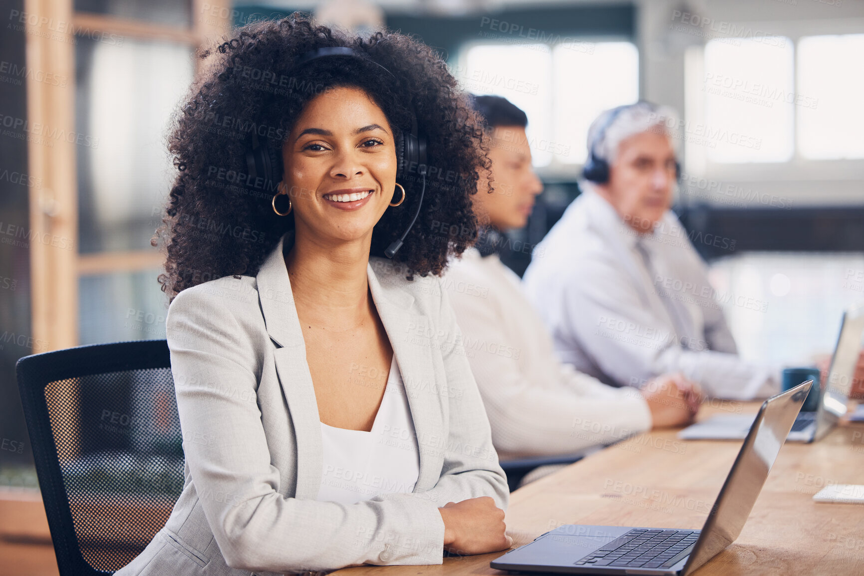 Buy stock photo Portrait, laptop and customer service with a black woman consulting in her telesales office for work. Contact us, support and call center with a female employee or consultant using a headset