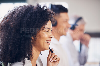 Buy stock photo Smile, talking and black woman in a call center for consulting, help and communication. Contact, microphone and African customer support employee smiling for sales, advice and telemarketing work