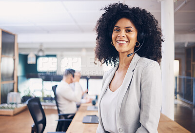 Buy stock photo Portrait, call center and customer service with a black woman consultant working in her telesales office. Contact us, support and telemarketing with a female employee consulting using a headset