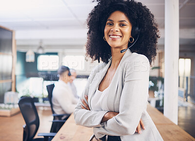 Buy stock photo Portrait, customer service and support with a black woman consultant working in her telesales office. Contact us, call center and telemarketing with a female employee consulting using a headset