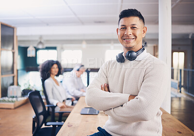 Buy stock photo Proud portrait of business man in office startup with leadership, employee management and career confidence. Manager, boss or mature person in tech workspace happy with company technology and job