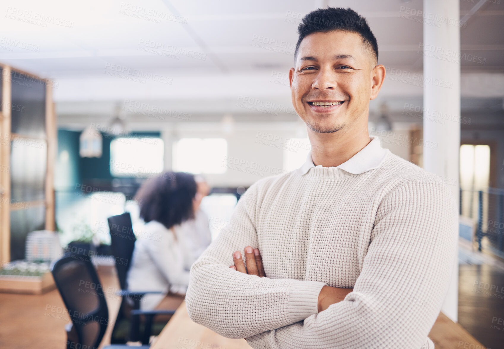 Buy stock photo Proud portrait of happy business man in office startup with leadership, employee management and career confidence. Manager, boss or mature person in workspace with company or job mindset and smile