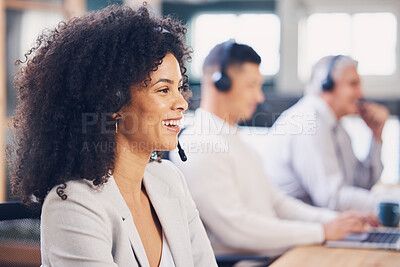 Buy stock photo Happy, service and black woman in a call center for consulting, help and communication. Contact, talking and African customer support employee smiling for sales, advice and speaking for telemarketing