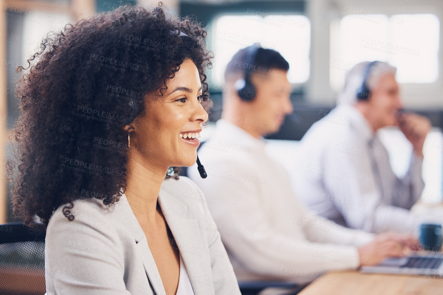 Buy stock photo Happy, service and black woman in a call center for consulting, help and communication. Contact, talking and African customer support employee smiling for sales, advice and speaking for telemarketing