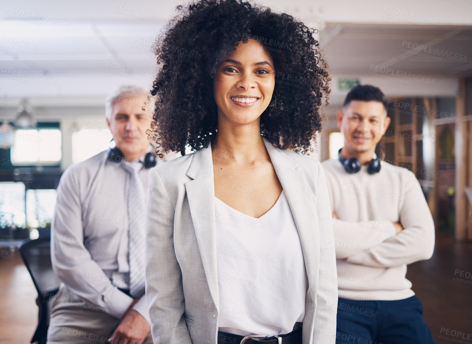 Buy stock photo Portrait, black woman and team in office, smile and partnership for advertising agency, project and collaboration. African female leader, men and employees with happiness, staff and profit growth